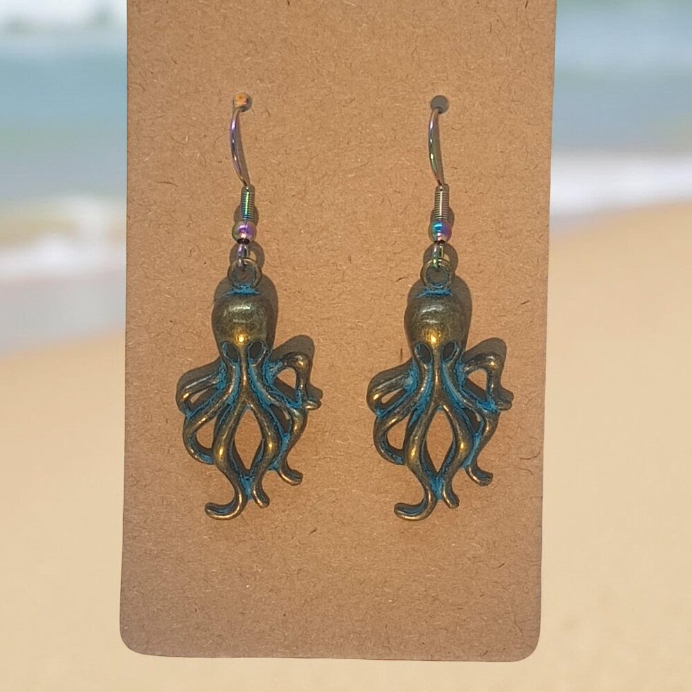 Cute Octopus Earrings Bronze and Turquoise on PVD Wires